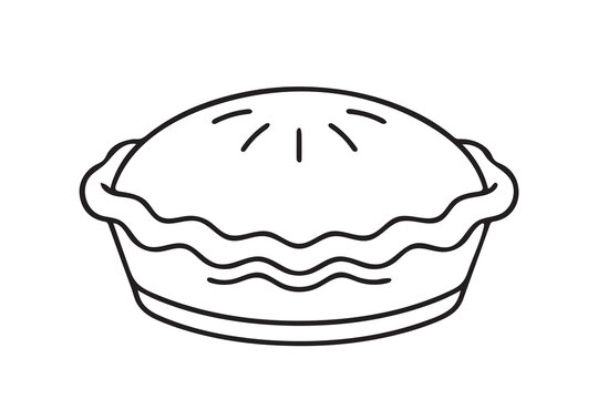 A clean, minimalist black and white vector outline illustration of a freshly baked pie with a decorative fluted crust and vented top, isolated on a white background.