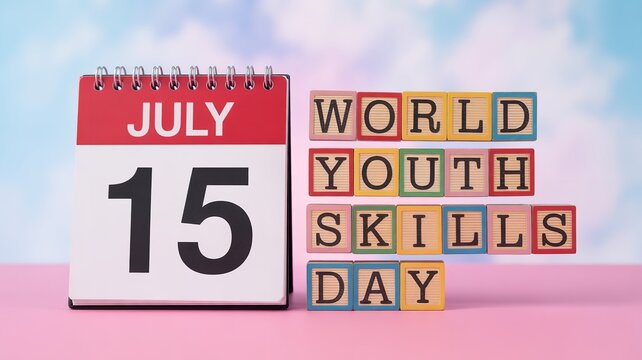 World Youth Skills Day celebration concept with July 15 calendar and colorful blocks on pastel sky background for awareness