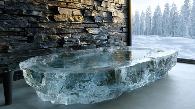 Ice bathtub in rustic stone room with snowy forest view through window