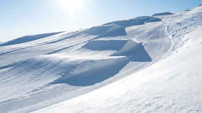 A series of pristine snow jumps on a sunny mountain side designed for snowy slope stunts in a ski resort terrain park during a bright winter morning
