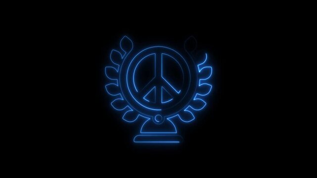 Glowing neon peace sign emblem with laurel wreath animation