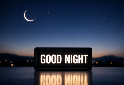 Beautiful night sky with crescent moon and good night illuminated sign reflection on water