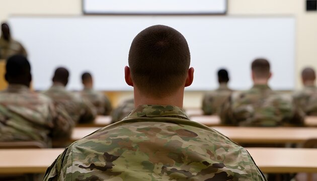 A military student sits in a classroom with fellow soldiers