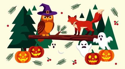 Fototapeta premium Stylized Owl Wearing a Witch Hat with Fox, Ghosts, and Jack-o'-Lanterns in a Forest, Flat Vector Halloween Illustration with Pine Trees and Berries