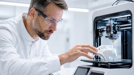 Fototapeta premium Engineer Inspecting 3D Printed Prototype in Advanced Additive Manufacturing Laboratory