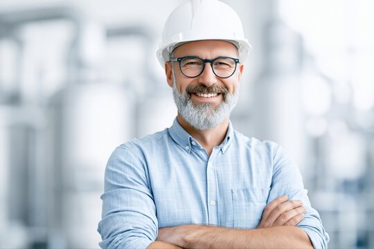 Smiling Middle Aged Male Engineer in Hard Hat and Glasses with Crossed Arms in Factory Setting