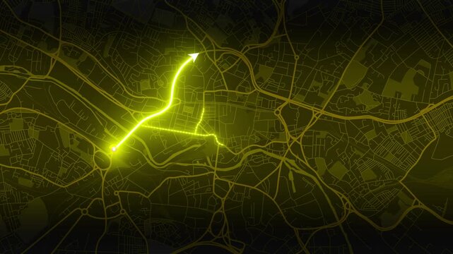 Leeds, West Yorkshire, England, United Kingdom Animated City Map with Glowing Yellow GPS Route and Moving Arrow, 4K