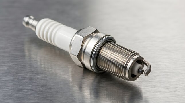 Spark plug isolated on brushed metal surface for automotive maintenance.