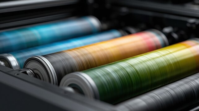 Close-up of vibrant, spinning printing cylinders with blurred motion and colorful ink transfer in industrial press machine
