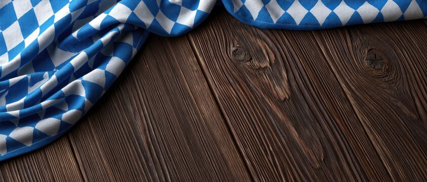 Rustic Wooden Surface Background with Blue Checkered Fabric Draped in Minimalist Farmhouse Style Composition for Oktoberfest