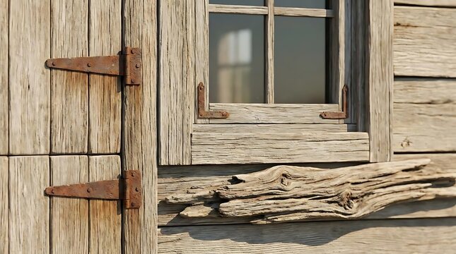 A detailed close-up shot of a weathered vintage coastal shack featuring rustic wooden planks, rusted iron hinges, and a unique piece of driftwood trim