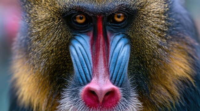 Close-up portrait of a colorful mandrill with vibrant blue and red facial markings