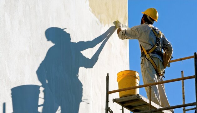 Construction worker painting exterior wall in profile with yellow bucket on scaffolding