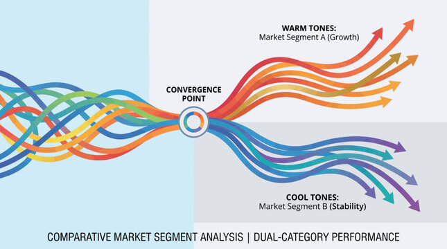Market trend split flow diagram. Business data divergence and convergence analysis chart.