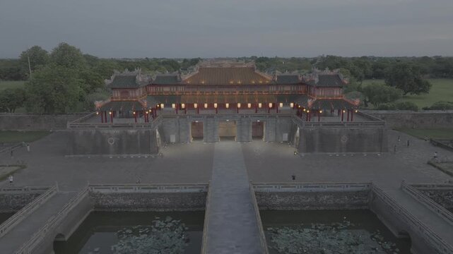 Aerial drone view of Hue Imperial Citadel featuring Ngo Mon Gate, Thai Hoa Palace and Kien Trung Palace, showcasing Vietnam's UNESCO royal heritage, ancient architecture and cultural landmark.