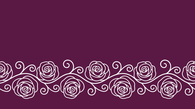 Plum floral lace border pattern. Elegant rose vine illustration for wedding stationery.
