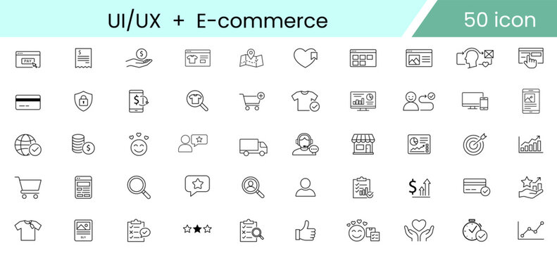 Set of fifty minimalist line icons for user interface and e-commerce design elements