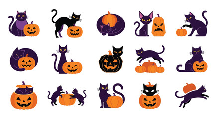 Obraz premium Halloween cats and pumpkins vector illustration set with playful designs and vibrant colors