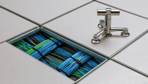 Network cable bundle under floor tile near chrome faucet handle