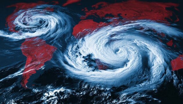 Dual tropical cyclones swirling over a dark ocean with red continents in the