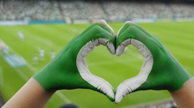 Goalkeeper hands in green gloves making heart shape gesture at soccer stadium field.