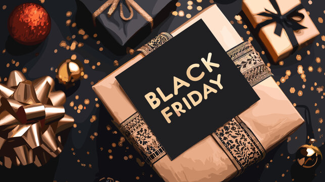 Black Friday Sale Gift Box with Bold Text and Holiday Decorations Top View