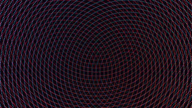 Vibrant halftone tri-core interference, abstract geometric moire pattern. Dynamic dotted radial ripple background. Vector graphic overlay template.