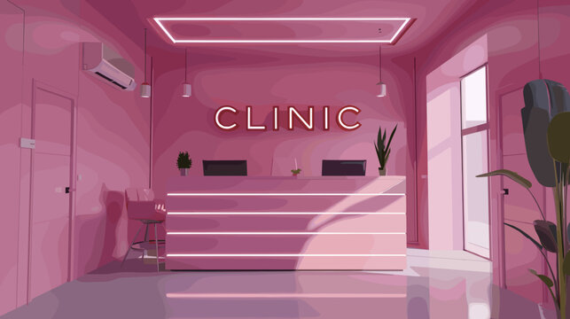 Minimalist Clinic Interior Design with Bold Text Signage and Modern Stairs in Pink Theme