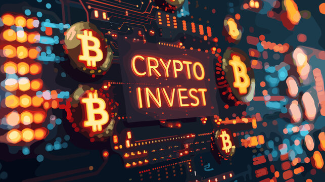 Glowing Cryptocurrency Coins with Bold Invest Text in Neon Digital Style Illustration