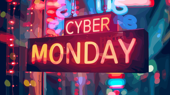 Bold Cyber Monday Neon Sign with Glowing Letters on Dark Background Vector Illustration