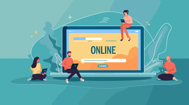 People Studying Online Course on Laptop with Globe and Digital Icons Illustration