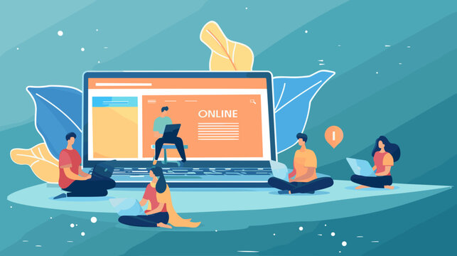 Students Learning Online Course on Laptop with Clean Layout and Bold Text in Modern Vector Illustration
