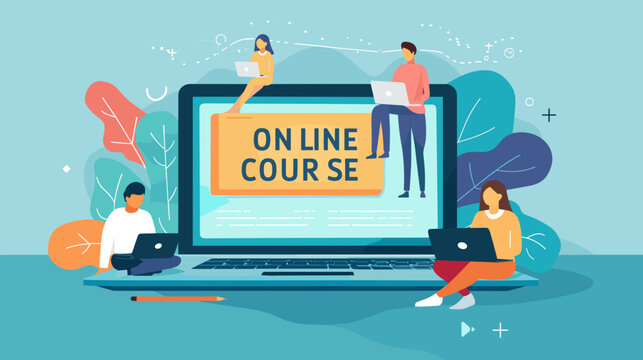 Students Learning Online Course on Laptop with Bold Text and Colorful Background Illustration