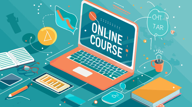 Online Course Learning on Laptop with Coins and Study Tools Flat Illustration