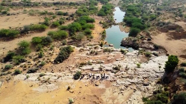 Scenic Aerial Footage of Bor Pond Lake Near Dam in Karachi Pakistan