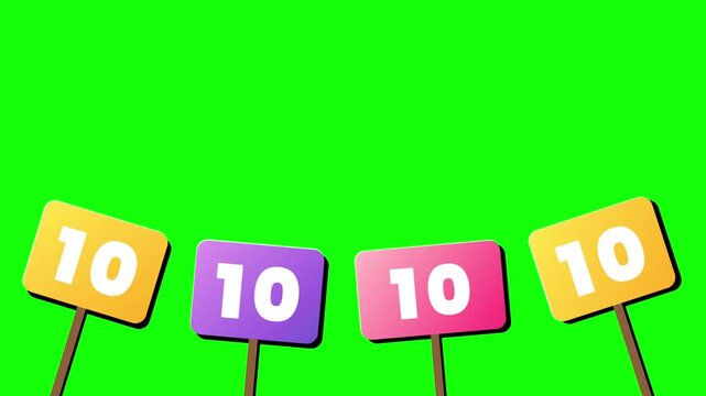 Colorful score placards showing number ten for competition judging on a chroma key green background
