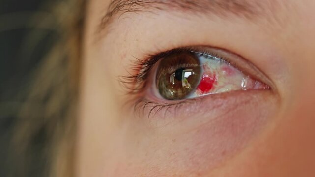 Close up of a human eye with a subconjunctival hemorrhage showing red blood