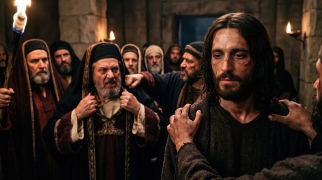 Jesus standing before Caiaphas and the Sanhedrin during his trial. A biblical scene depicting the arrest and interrogation of a man in ancient Jerusalem. Drama and religious history.