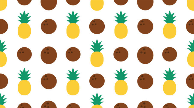 Seamless tropical pattern of pineapples and coconuts on white background