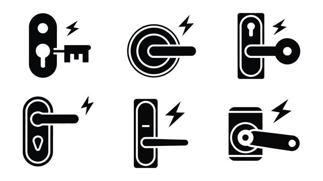 Broken key and door lock icon set, featuring damaged keys, lock cylinders, door handles, security symbols, black vector design, and clean illustration.