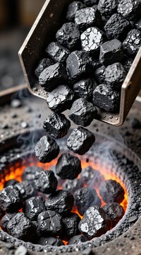 Black coal rocks pour from metal shovel into glowing furnace. Heat combustion process burns fossil fuel for energy production. Industrial heavy material falls into hot fire burning orange embers.