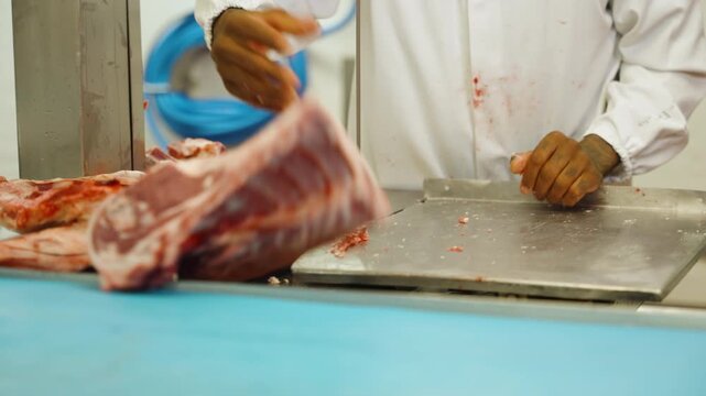 Meat processing worker cuts a pork carcass into ribs and sections on a stainless steel bandsaw table in an industrial butchery.