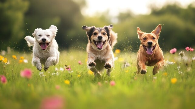 Three happy dogs sprint through a vibrant green field of wildflowers towards the viewer