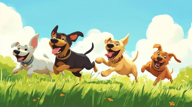 Four happy dogs of varying breeds romp joyfully across a sunny, grassy field