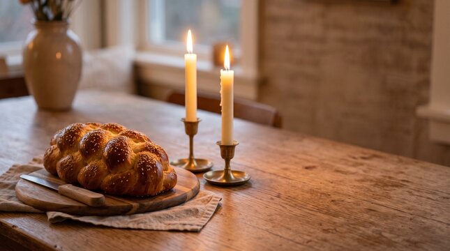 Challah bread with sesame seeds and two lit candles on a wooden table
