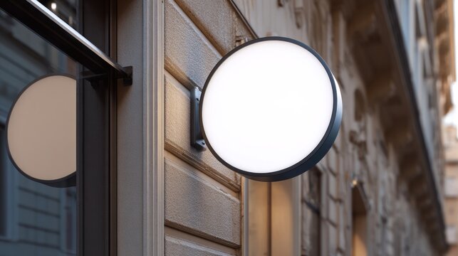 Blank round sign on a building facade for branding purposes