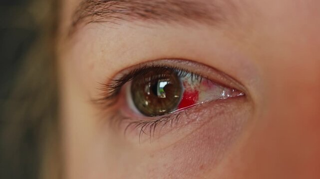 Close-up of a human eye with a subconjunctival hemorrhage showing red blood vessels
