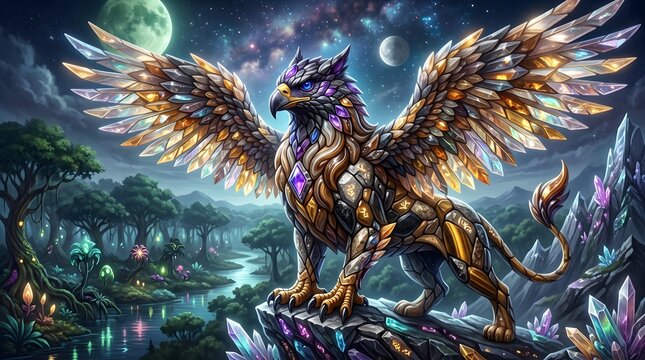 Highly detailed fantasy digital illustration of a powerful golden griffin with giant wings perched on a rocky cliff surrounded by glowing crystals and a mystical starry sky.