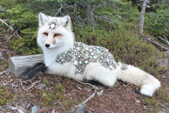 A pristine white fox adorned with sparkling gems lounges peacefully in a natural outdoor setting