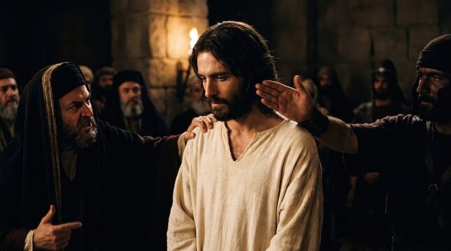 Jesus Christ arrested in Gethsemane garden by temple guards. Biblical scene showing man as Jesus facing betrayal and capture. Christian religious narrative for scripture study.